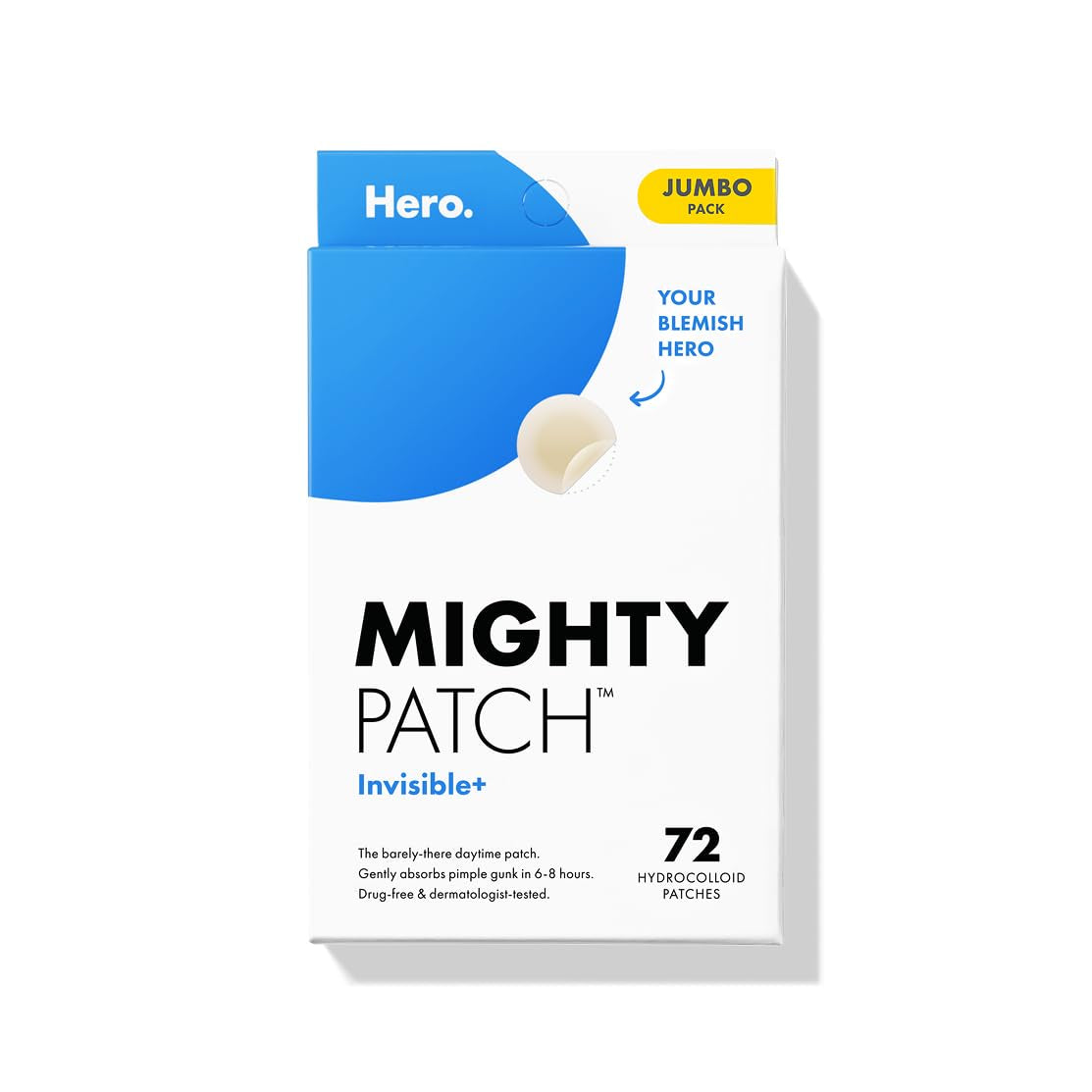 Mighty Patch™ Invisible+ Patch – the Barely-There Daytime Hydrocolloid Acne Pimple Patch for Covering Zits and Blemishes, Tapered Edges Designed to Blend into Skin (72Ct)