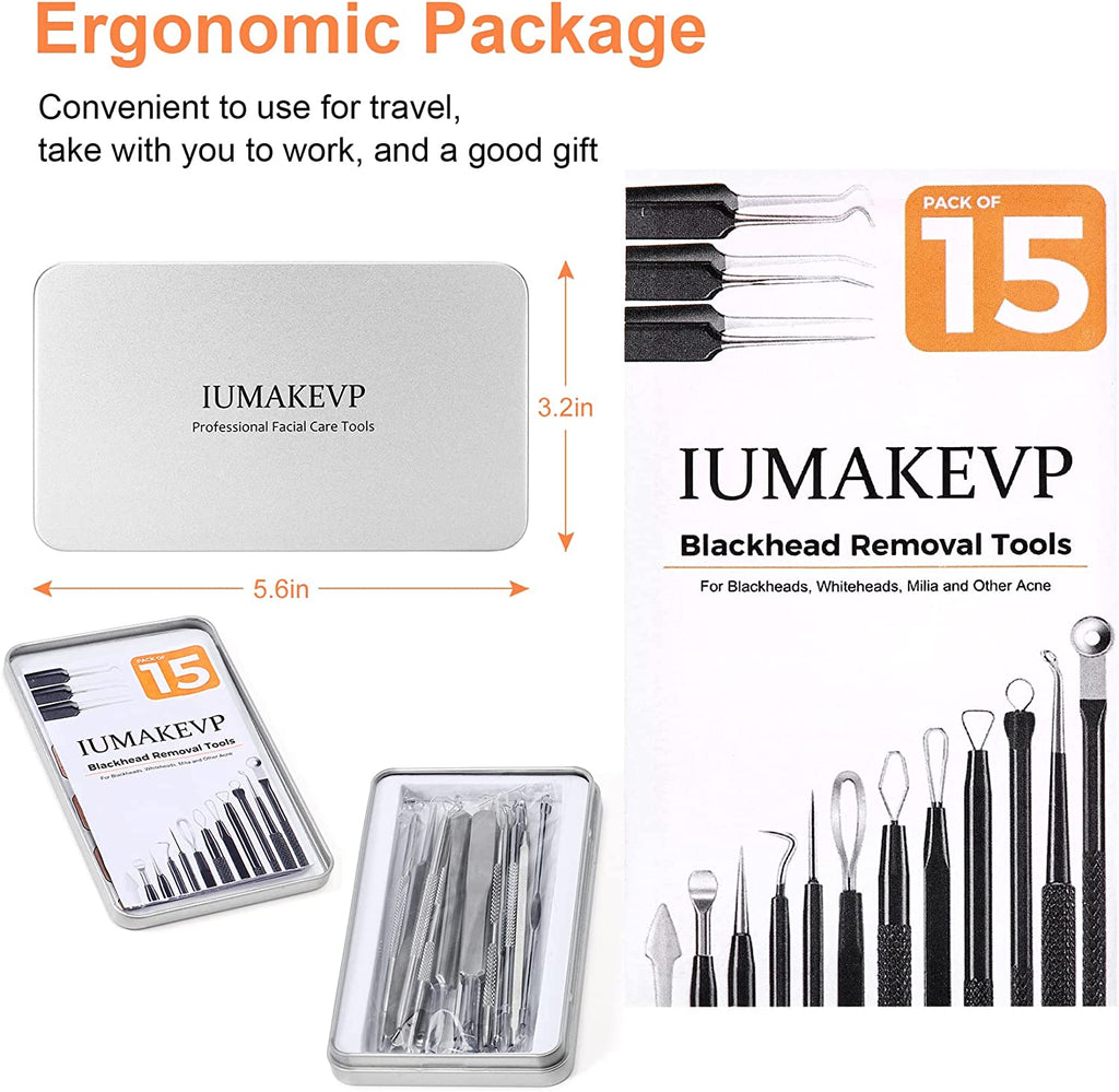 Pimple Popper Tool Kit, IUMAKEVP 15 PCS Professional Stainless Steel Blackhead Remover Comedone Extractor Tools for Removing Zit on Face - Acne Removal Kit with Metal Case (Silver)
