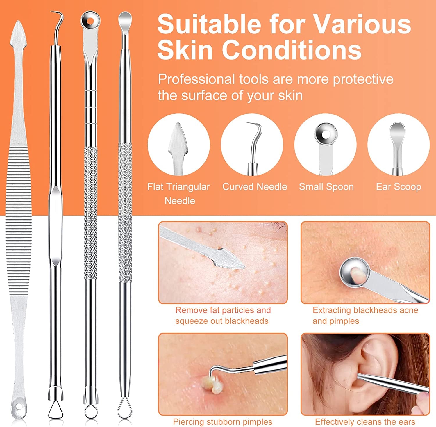 Pimple Popper Tool Kit, IUMAKEVP 15 PCS Professional Stainless Steel Blackhead Remover Comedone Extractor Tools for Removing Zit on Face - Acne Removal Kit with Metal Case (Silver)