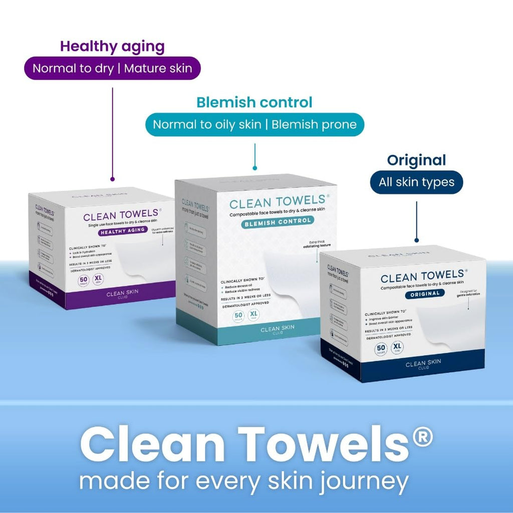 Clean Skin Club Clean Towels XL®, 100% USDA Biobased Face Towel, Disposable Face Towelette, Eczema Association Accepted, Makeup Remover Dry Wipes, Ultra Soft, 1 Pack, 50 Ct