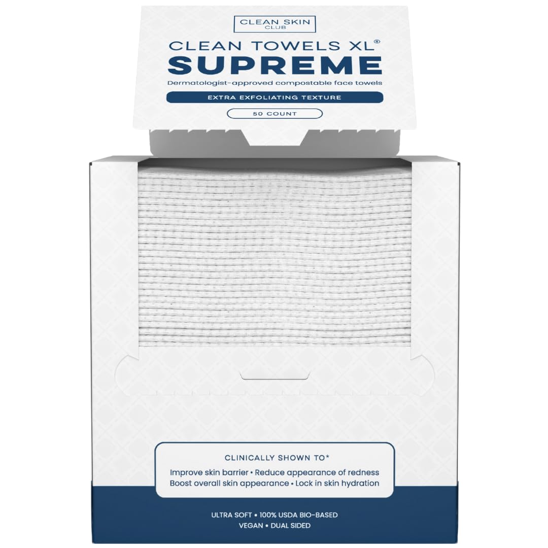 Clean Skin Club Clean Towels XL®, 100% USDA Biobased Face Towel, Disposable Face Towelette, Eczema Association Accepted, Makeup Remover Dry Wipes, Ultra Soft, 1 Pack, 50 Ct