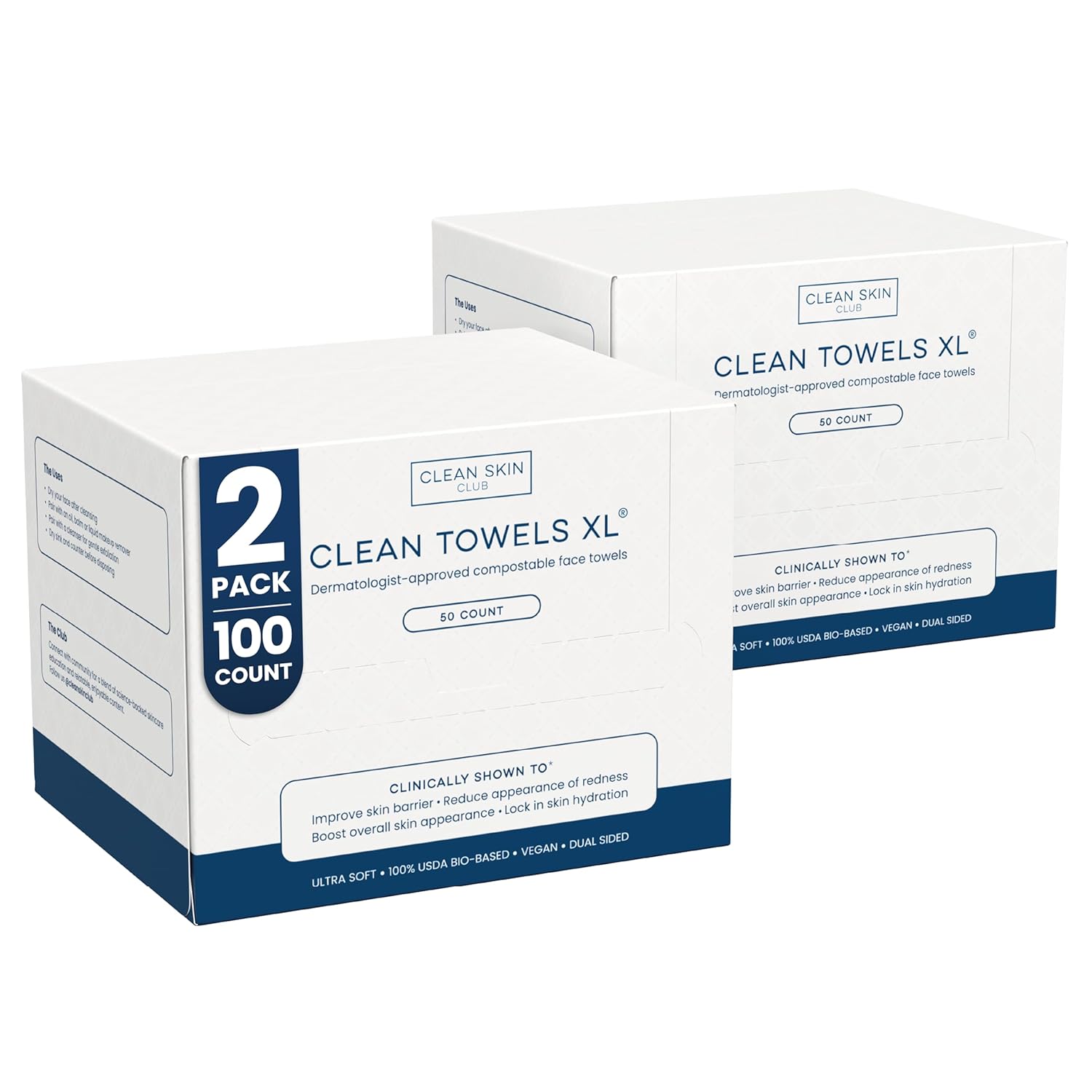 Clean Skin Club Clean Towels XL®, 100% USDA Biobased Face Towel, Disposable Face Towelette, Eczema Association Accepted, Makeup Remover Dry Wipes, Ultra Soft, 1 Pack, 50 Ct