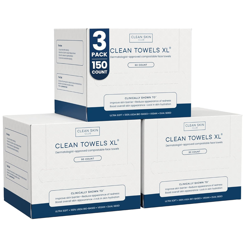 Clean Skin Club Clean Towels XL®, 100% USDA Biobased Face Towel, Disposable Face Towelette, Eczema Association Accepted, Makeup Remover Dry Wipes, Ultra Soft, 1 Pack, 50 Ct