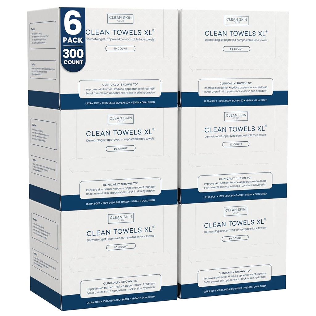 Clean Skin Club Clean Towels XL®, 100% USDA Biobased Face Towel, Disposable Face Towelette, Eczema Association Accepted, Makeup Remover Dry Wipes, Ultra Soft, 1 Pack, 50 Ct