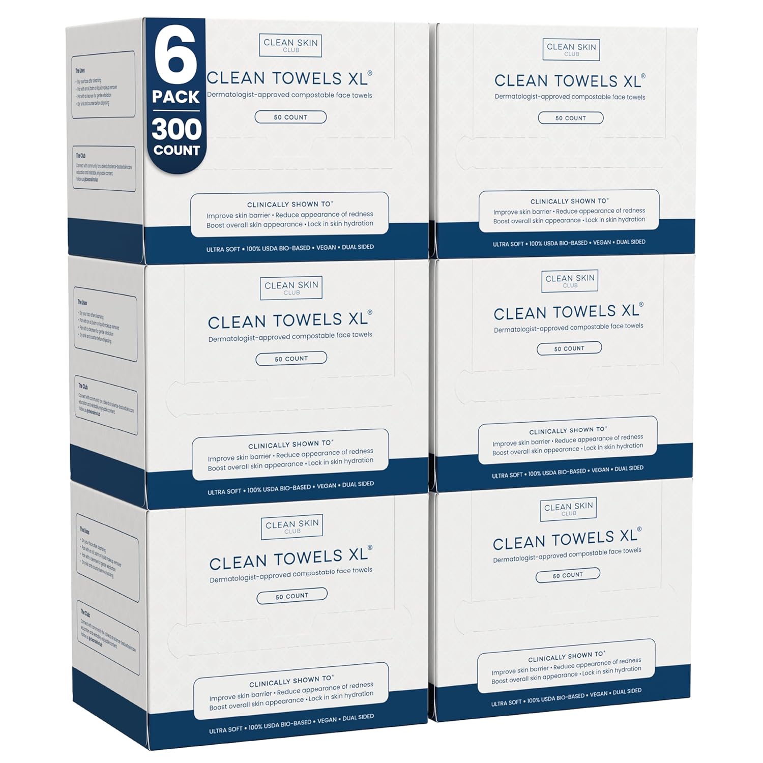 Clean Skin Club Clean Towels XL®, 100% USDA Biobased Face Towel, Disposable Face Towelette, Eczema Association Accepted, Makeup Remover Dry Wipes, Ultra Soft, 1 Pack, 50 Ct