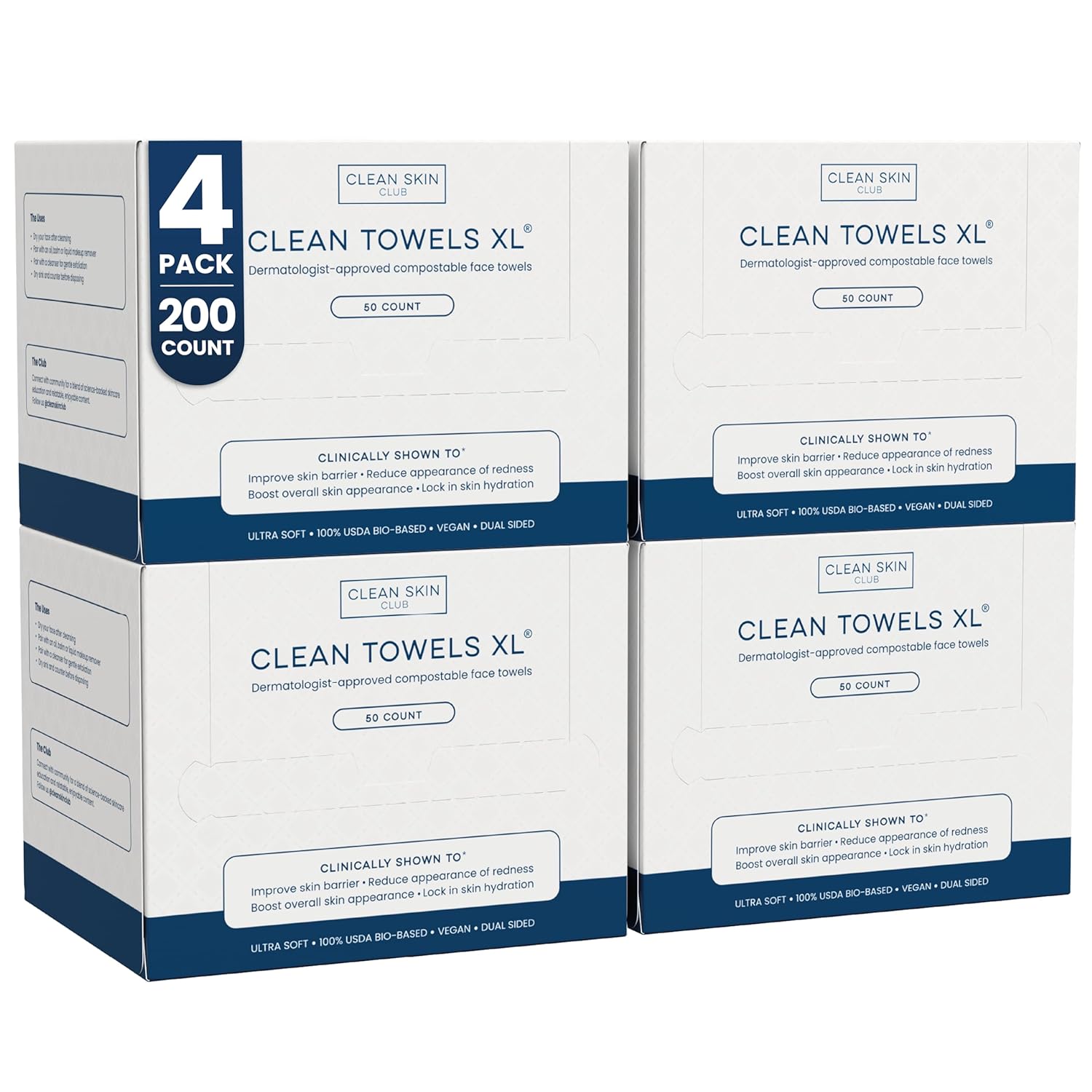 Clean Skin Club Clean Towels XL®, 100% USDA Biobased Face Towel, Disposable Face Towelette, Eczema Association Accepted, Makeup Remover Dry Wipes, Ultra Soft, 1 Pack, 50 Ct