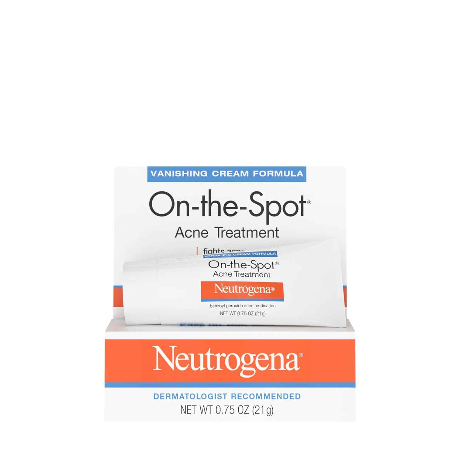 Neutrogena On-The-Spot Acne Spot Treatment Cream with 2.5% Benzoyl Peroxide, Gentle Face Blemish Medicine for Acne-Prone Skin, Vanishing Formula, Clinically Proven Day-1 Results, 0.75-Ounce Tube