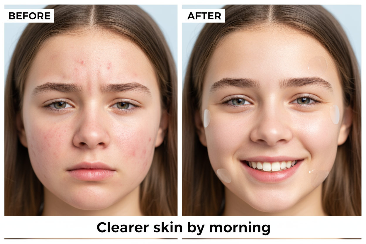 Generate a teenager with acne, using Mighty Acne patches, before and after. "Clearer skin by morning".